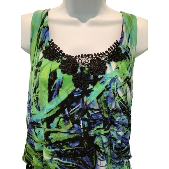 EMMA & MICHELE STRETCH KNIT TROPICAL BLOUSON SCOOP NECK TANK DRESS 14 - Picture 2 of 8